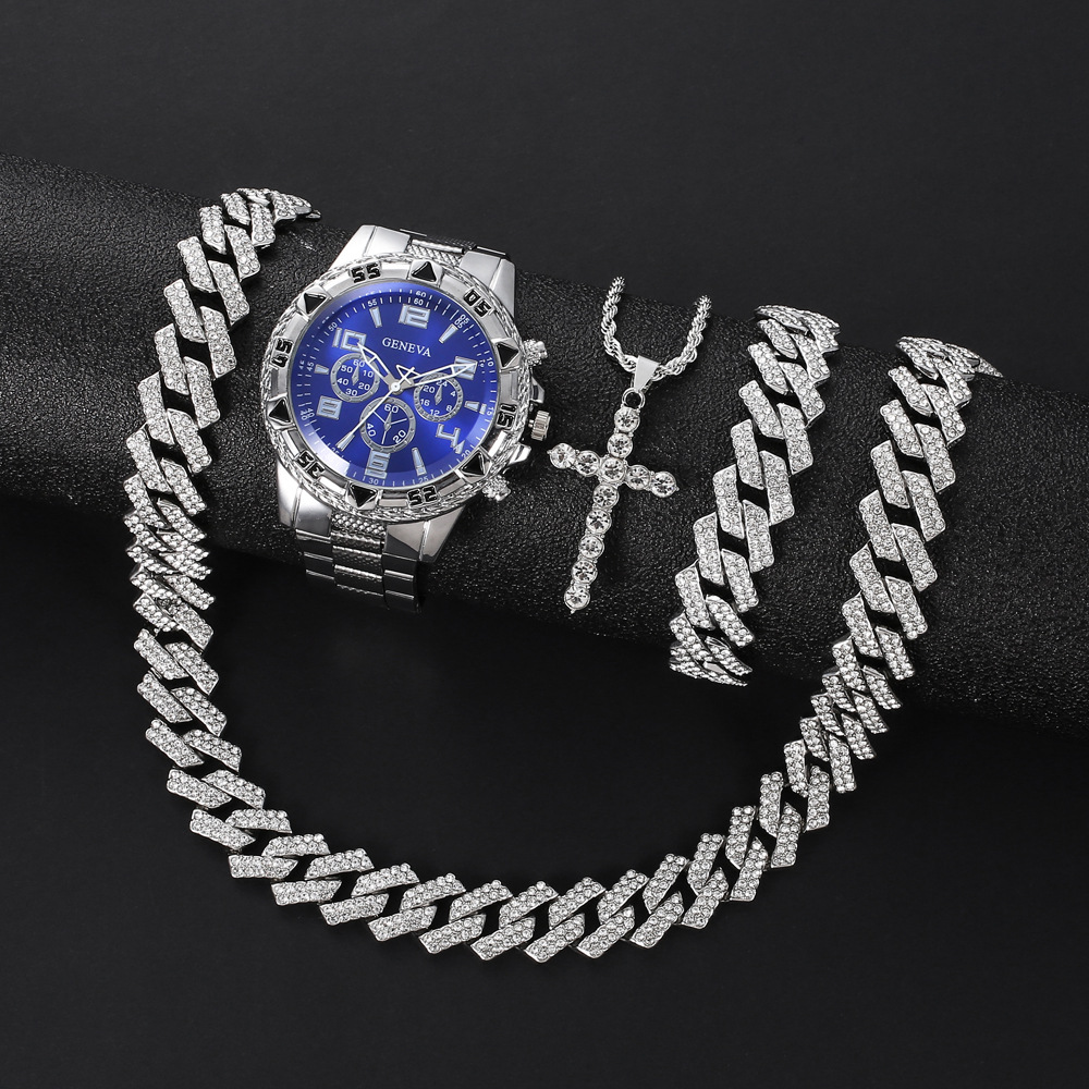 Temu Popular Diamond-Encrusted Luxury Steel Band Quartz Watch Diamond-Encrusted Hip-Hop Cuban Bracelet Matchinging Set Watch