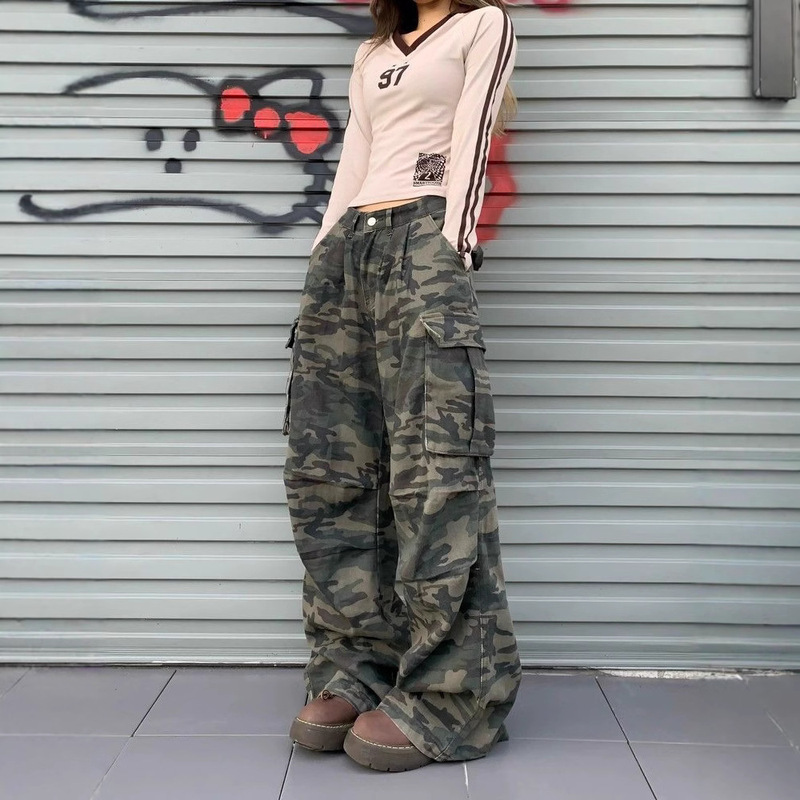 American Style Street Pocket Design Camouflage Denim Overalls Women's Retro Hot Girls Loose Slimming Casual Wide Leg Pants