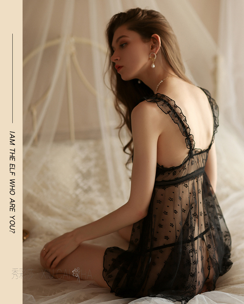 Lace Strap Babydoll Nightdress Set, Sheer Polyester Slip Style, White One Size — detail image 10