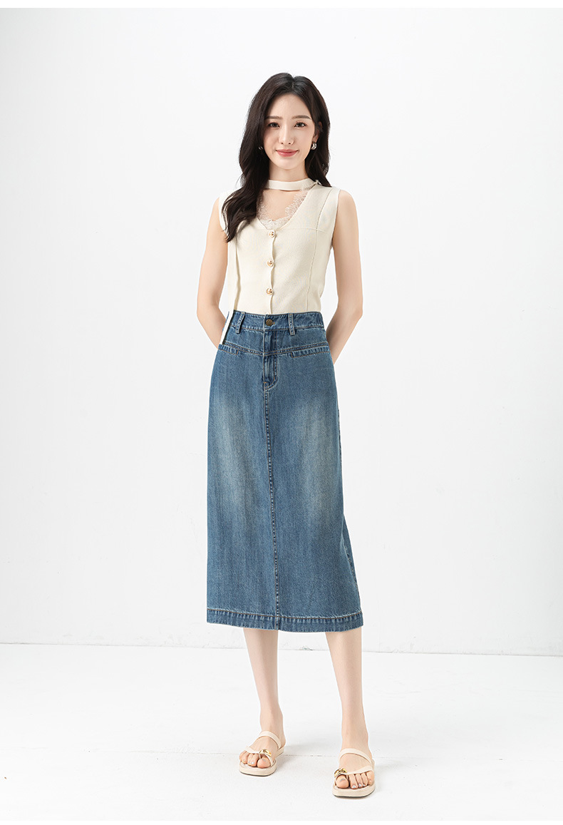 Váy denim Tencel nữ cạp cao chữ A dài vừa phải — đen chi tiết 20