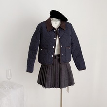 实拍2025秋冬新款撞色菱格夹棉外套女复古学院风棉服短裙套装