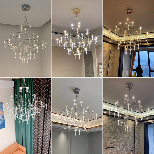 Nordic modern stainless steel LED starry sky chandelier, living room duplex floor light luxury crystal firefly bedroom chandelier