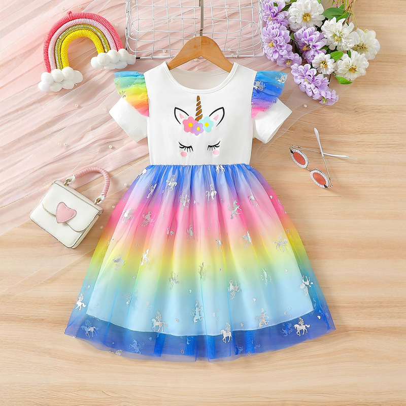 2026 Girls' Dress Summer Short Sleeve Unicorn Birthday Children's Clothing Children's Rainbow Dress Sequined Mesh Princess Dress
