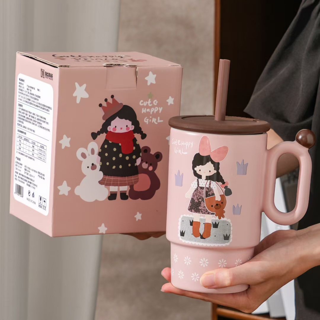 Creativo encantador dibujos animados chica acompañante mano regalo taza de agua de paja estilo japonés alto valor retrógrado taza especial transfronteriza
