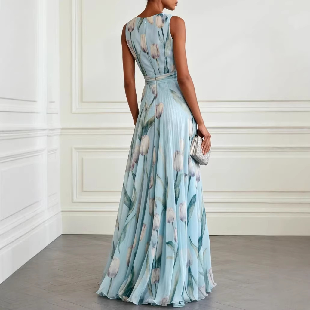 Tulip Printed Evening Dress Women's Sleeveless V-Neck Chiffon Dress_ecoleips.com
