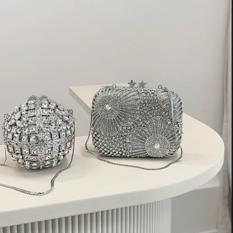 Túi clutch nữ đính đá dạ hội pha lê lấp lánh có dây xích — Bạc pha lê/không để được điện thoại, Bạc pháo hoa ngôi sao năm cánh/không để được điện thoại