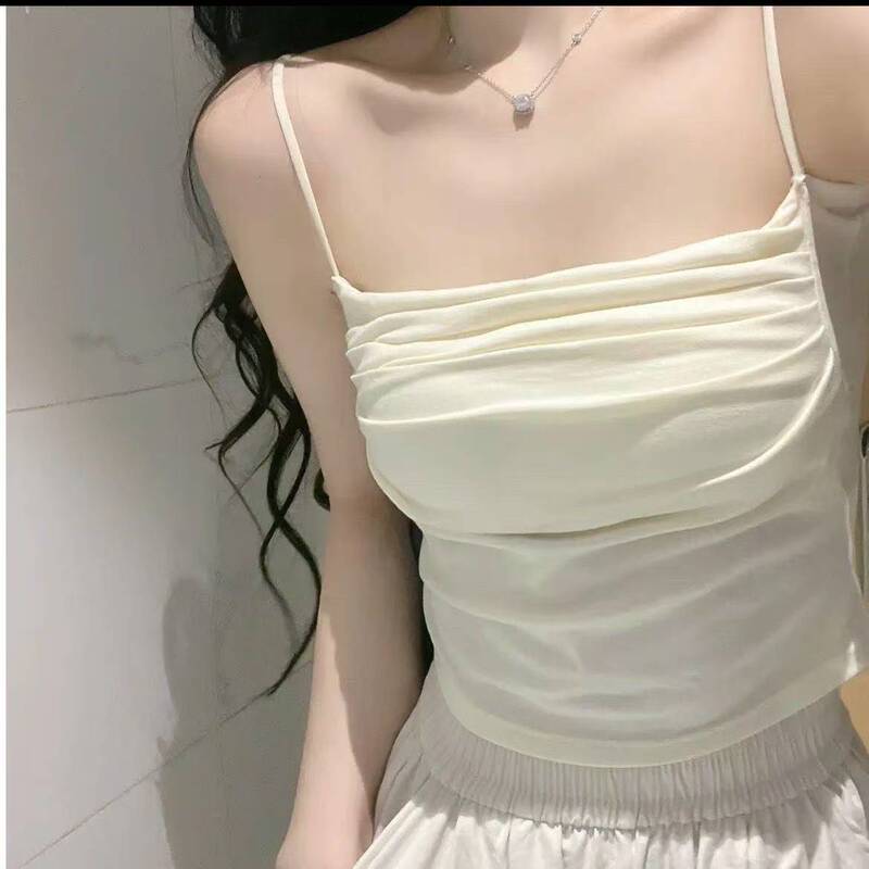 New Style Pure Pleated Camisole Women's Korean Style Girly Spice Girls Ins Slimming Outer Wear Inner Vest with Chest Pad