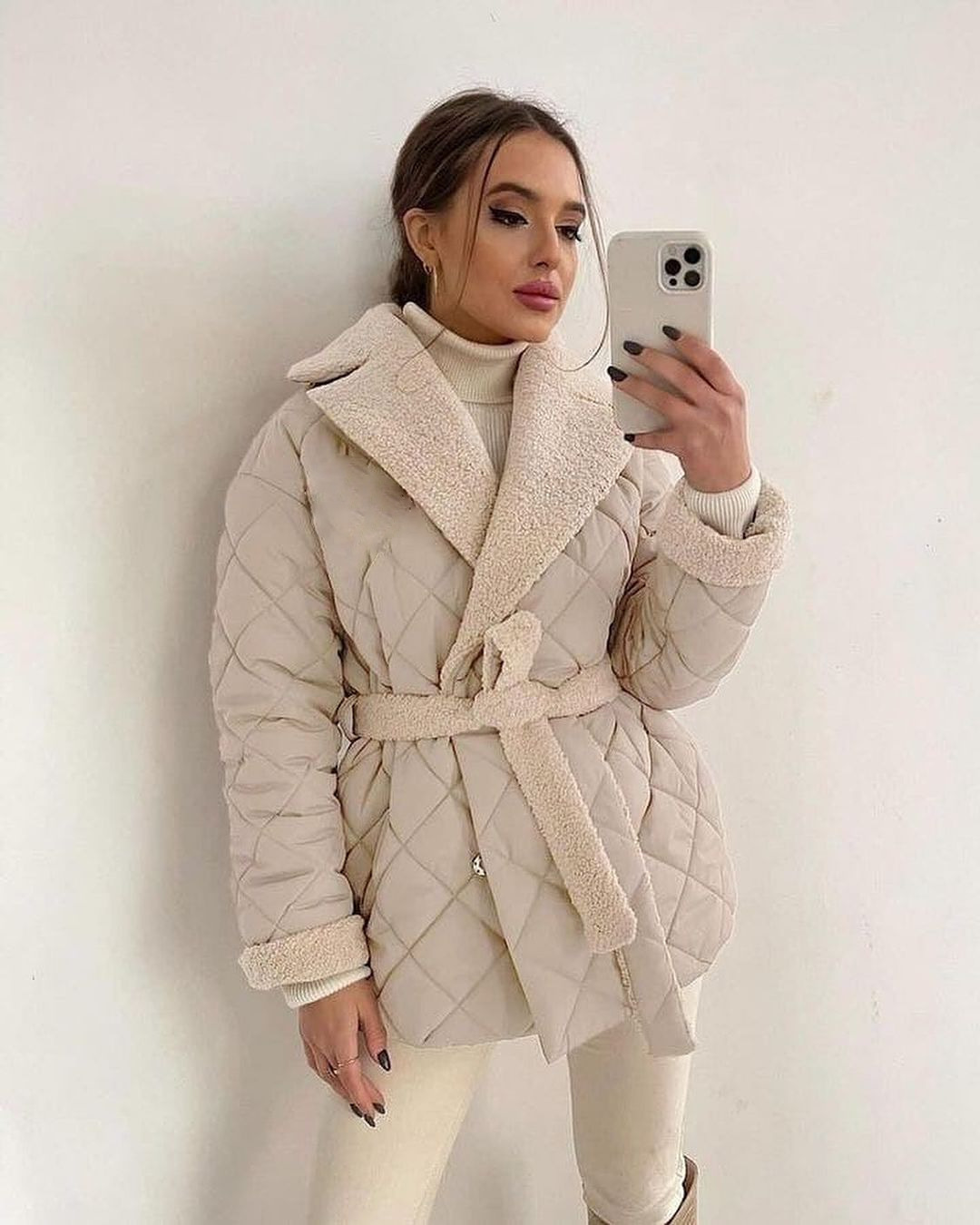 Turndown Neckline Women's Casual Simple Style Solid Color Argyle Tie Coat Cotton Clothes
