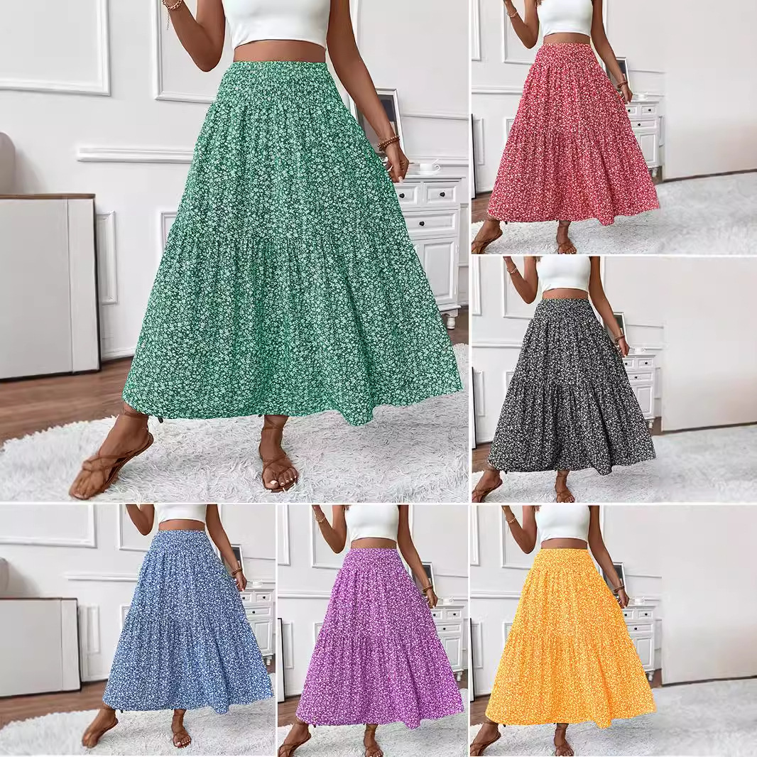 Amazon Independent Station European and American Cross-Border Foreign Trade Fresh Floral Long Skirt Casual Slim Pleated High Waist Skirt