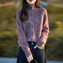 法式花纱立领针织开衫女秋冬新款单排扣厚保暖打底衫时尚毛衣外套