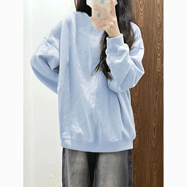Light blue crew-neck thin sweatshirt, unisex, autumn/winter, simple and loose fit, fleece-lined and thickened, solid color, trendy, in stock