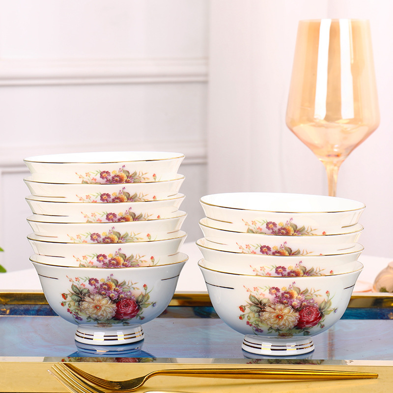 Gold-Painted European-Style Gold-Rimmed Bone China Tableware Bowls and Plates, High-End Light Luxury Tableware Set, Home Wholesale Romantic Flower Sea