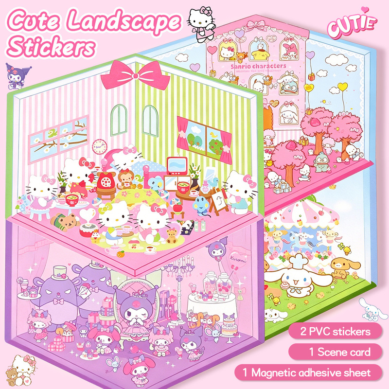 Cartoon Large-Sized Landscape Stickers, Stacked Miniature Scene Collages, Kt Cat Cute Children's Creative Journal Stickers