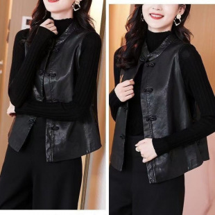 Haining Leather Buckle Vest New Style Vest Vest Retro Chinese Style Chinese Women's Jacket