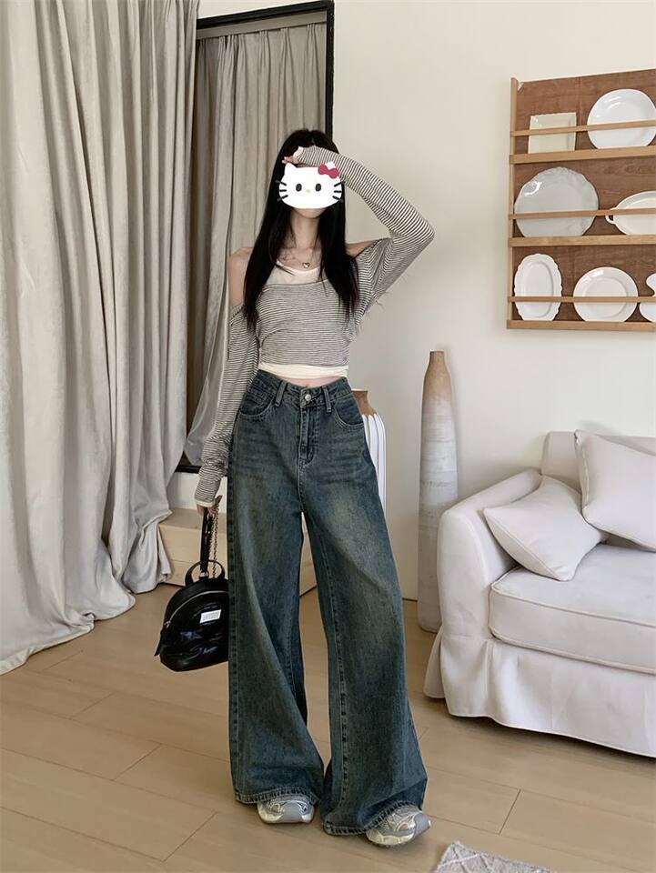 Quần jean nữ ống rộng cạp cao dáng suông dài chạm gót — Màu xanh cổ điển (bán trực tiếp tại nhà máy) chi tiết 8