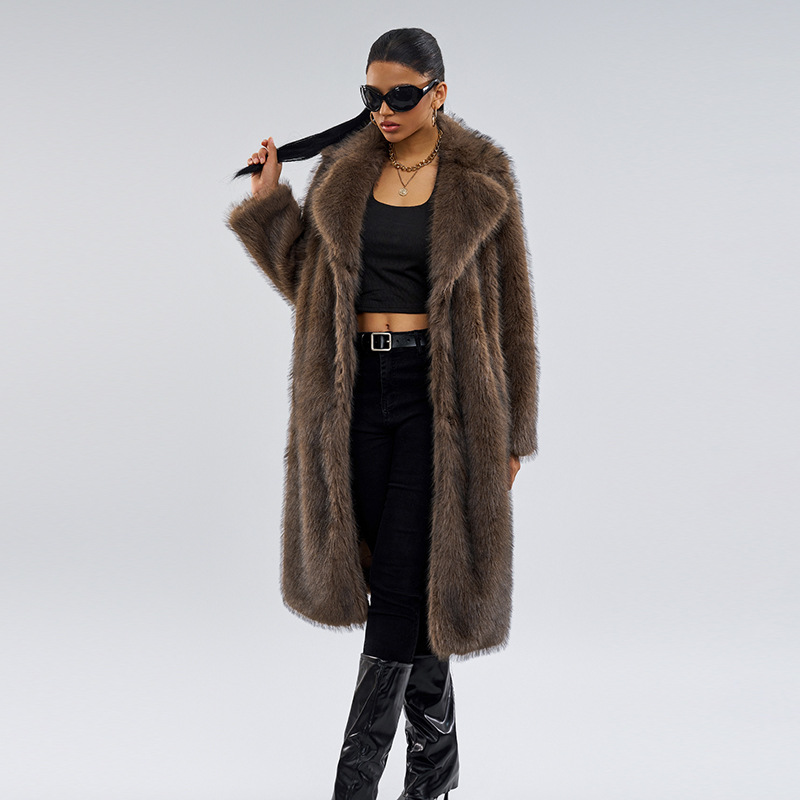 ​​Women's Faux Fox Fur Long Coat – Winter Elegance Jacket With Luxe Collar (Brown, S/M/L/XL/XXL)​​_voghion.com