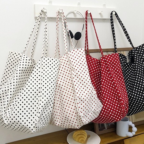 New Canvas Tote Bag, Fashionable and Trendy, Hot-Selling, Versatile, Casual, Large-Capacity Polka-Dot Shoulder Bag, College Student Commuting