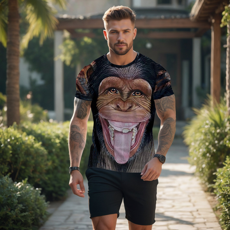 2026 New Animal-Themed Gorilla Pattern 3D Digital Print European and American Men's T-Shirt Cross-Border Round Neck T-Shirt