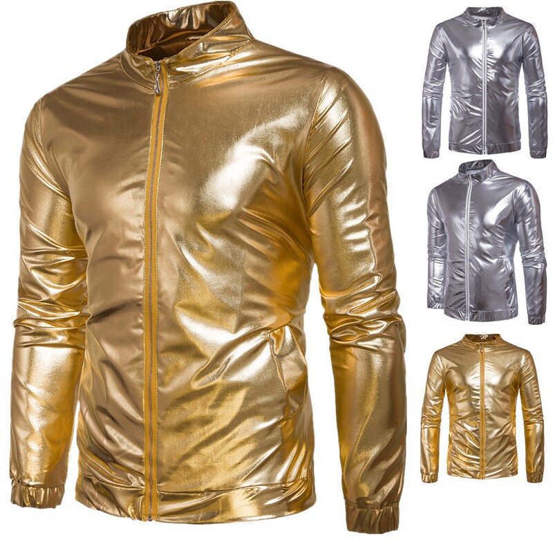 Amazon Aliexpress New European and American Style Men's Nightclub Shiny Jacket with Stand Collar and Zipper Fit Top Amazon Aliexpress New European and American Style Men's Nightclub Shiny Jacket with Stand Collar and Zipper Fit Top