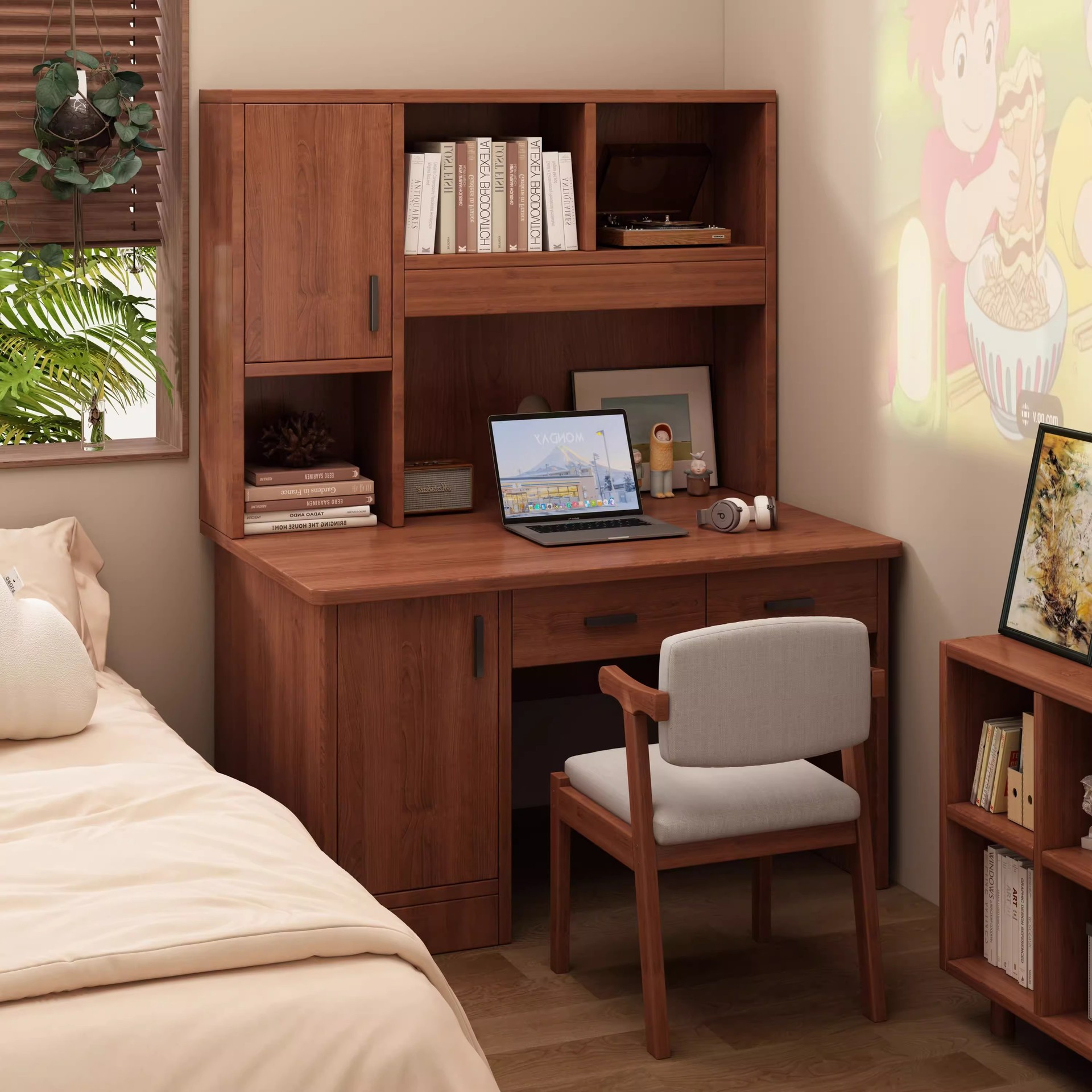 Retro Desk Bookshelf Integrated Table Bedroom Home Adult Study Desk Classical Style Computer Desk with Drawers