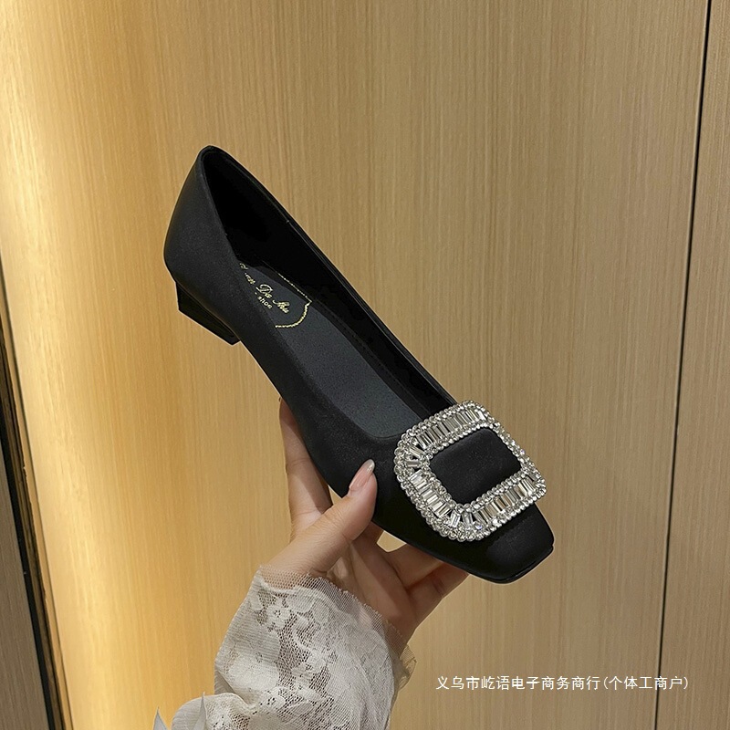 2025 New Rv Silk Satin Rhinestone Shallow Scoop Shoes Thick Heel Square Toe Flats Women's Square Buckle Large Size Women's Shoes