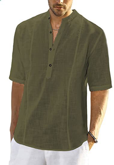 2023 Nueva camisa de lino informal cómoda con mangas medianas para ropa de hombre_voghion.com