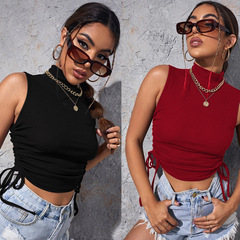 2024 new cross-border European and American clothing ins street sports drawstring high collar sleeveless knitted vest T-shirt top