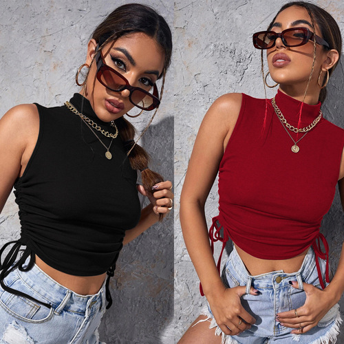 2024 new cross-border European and American clothing ins street sports drawstring high collar sleeveless knitted vest T-shirt top