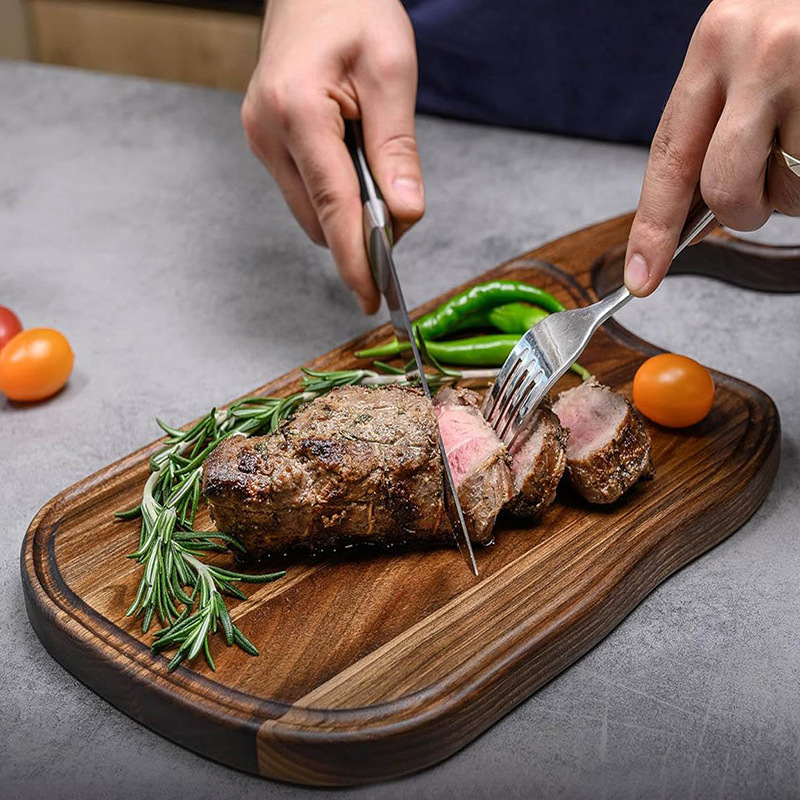Acacia Steak Board con mango, tablero de filete de fregadero, tablero de platos creativos, platos de comida de restaurante casero