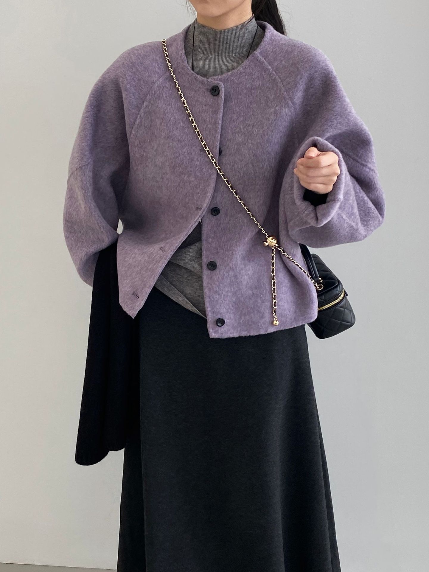 That's Such a Gentle Purple Coat~ Round Neck Wool Alpaca Double-Sided Wool Short Loose Outwear for Women A8561