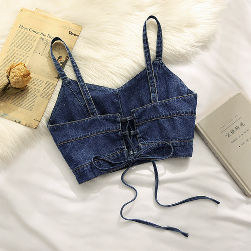 Denim suspender vest for women chic fashion short strap design slim fit beautiful back outer layering top summer