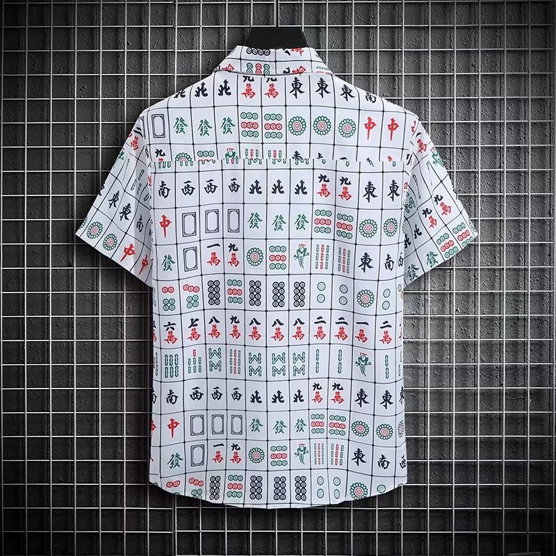 Summer Vintage Trendy Ins Fun Mahjong Full Printed Cardigan Shirt Shorts Loose All-match Short-sleeve suit