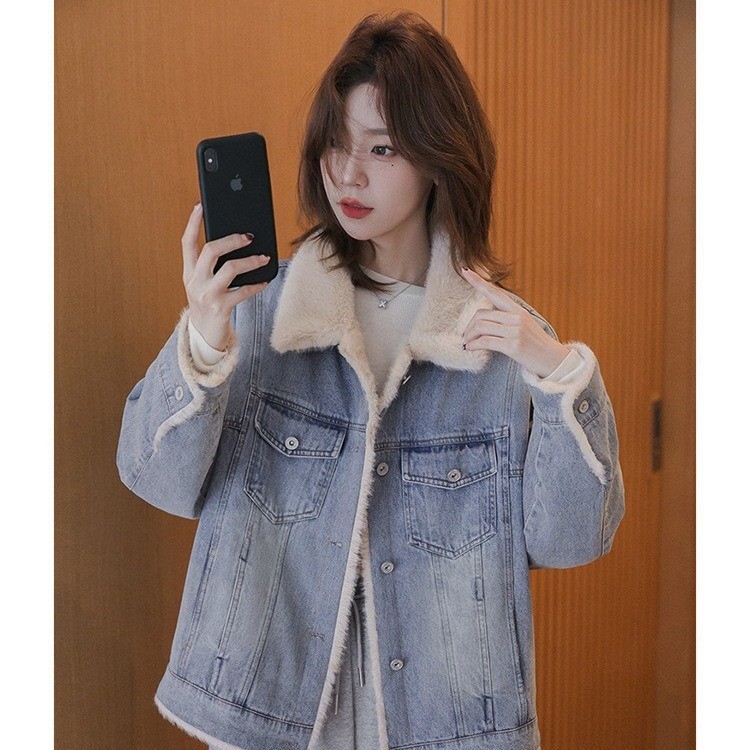 牛仔外套女冬加绒2025冬季仿兔毛内里韩系小个子厚棉衣外套