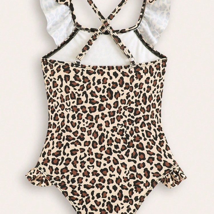 Children's Leopard Print Ruffle Onesie Swimsuit For Girls Cute Beach Style Clothing For Toddler Girls Aged 3-7_voghion.com