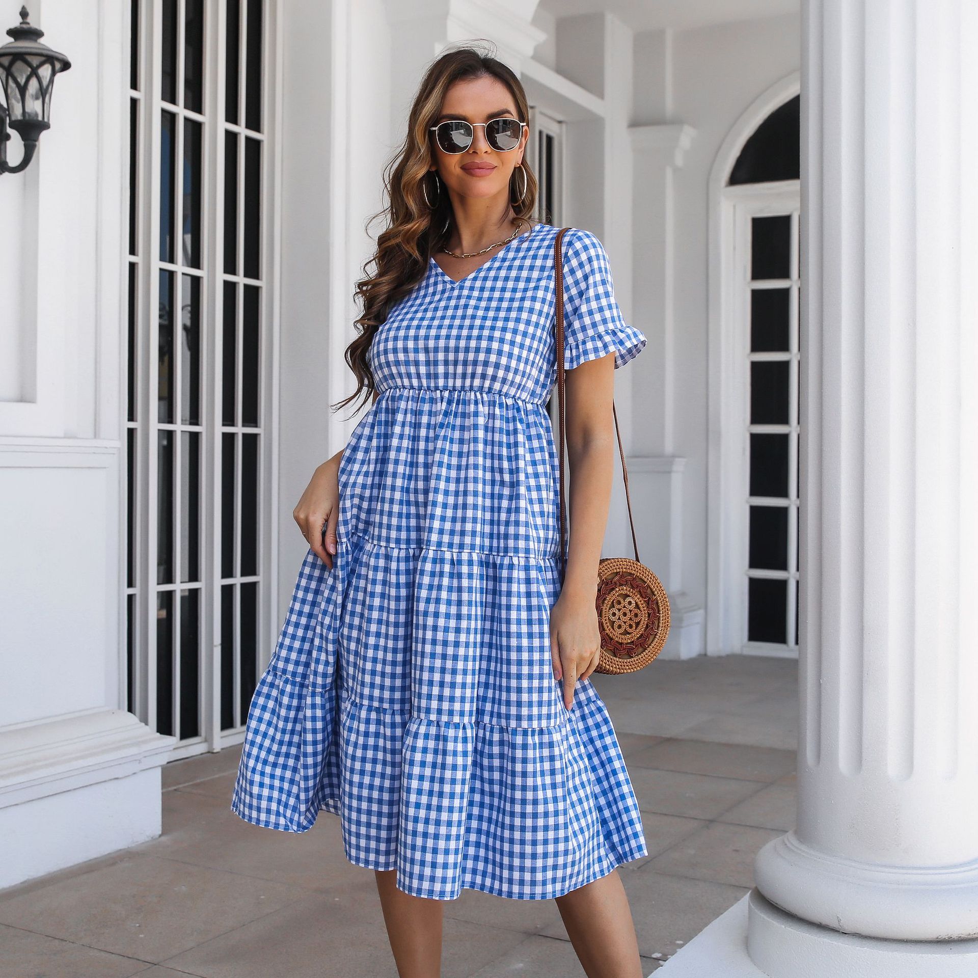 Women's Swing Dress Casual V Neck Short Sleeve Plaid Midi Dress Daily display picture 1