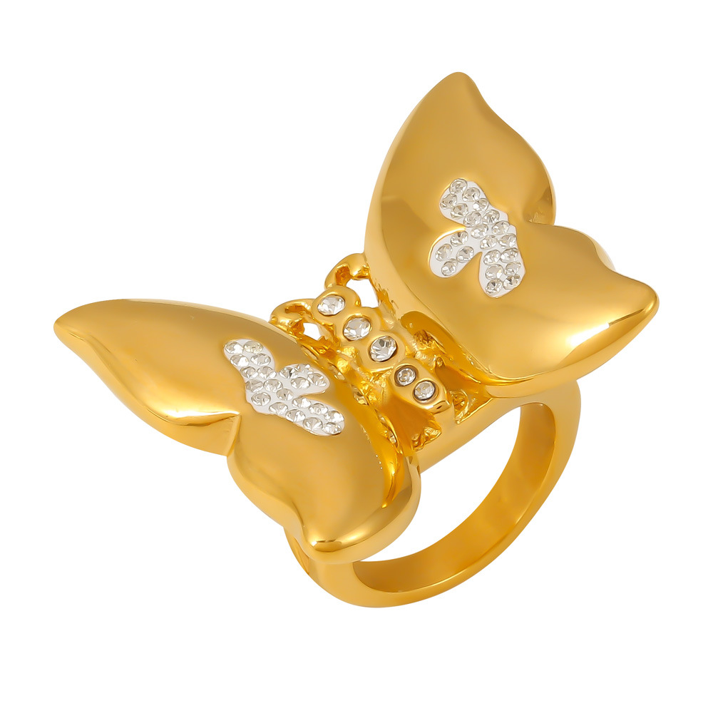 Creative Personality Exaggerated Butterfly Inlaid Diamond Ring Stainless Steel PVD Vacuum High-end Design Jewelry_voghion.com