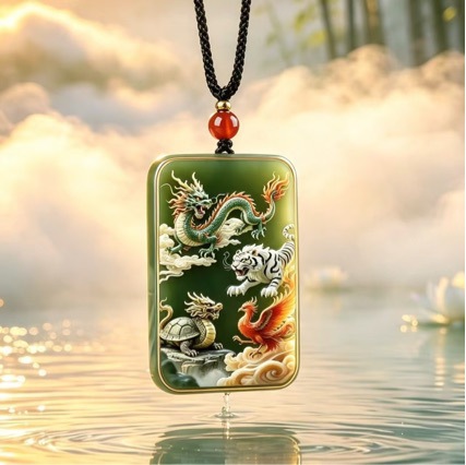 Wholesale of new fortune-attracting necklaces featuring the four mythical beasts, Guanyin, Guan Gong, and the God of Wealth, glass pendants as gifts for elders