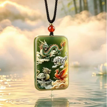 Wholesale of new fortune-attracting necklaces featuring the four mythical beasts, Guanyin, Guan Gong, and the God of Wealth, glass pendants as gifts for elders