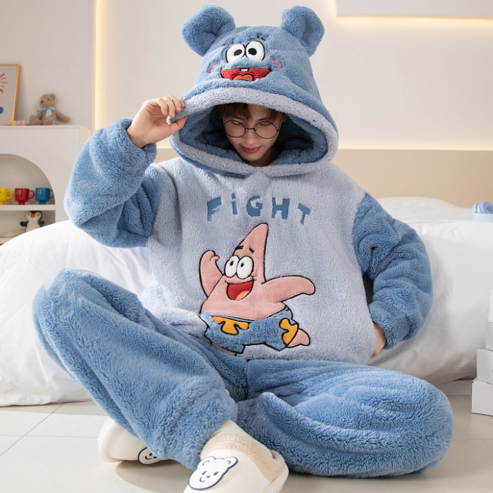 Coral Velvet Pajamas for Men in Autumn and Winter Thickeneded Hooded Teenagers Cartoon Flannel High School Students 18 Years Old Home Clothes