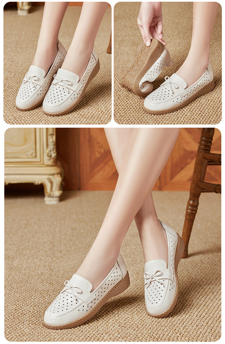 Sandal nữ đế bệt da bò thật thoáng khí mùa hè — Đỏ rượu chi tiết 13