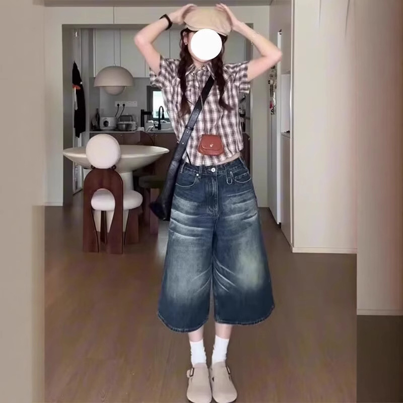 Summer American Style Retro Old Blue Jeans Women's Niche All-match Loose Slimming Straight Leg Casual Cropped Pants