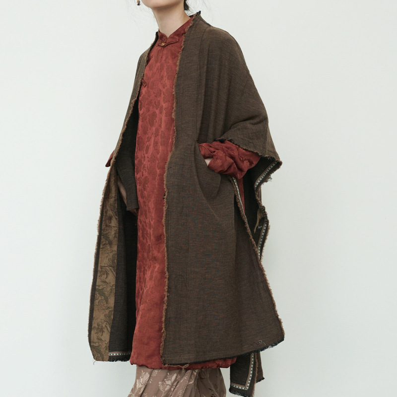 Original Niche Vintage Yarn-dyed Gravel Shawl Long Coat Vintage Raw Edge Old-fashioned Long Cardigan S24308