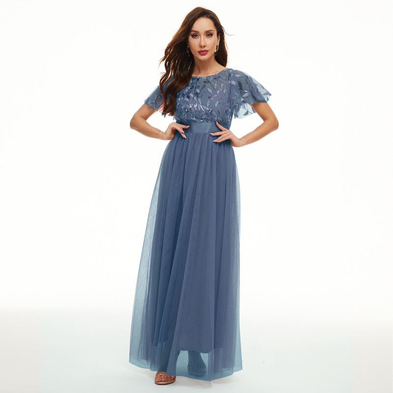 Vestido de lentejuelas manga corta cuello redondo pettiskirt vestido de noche cintura alta elegante dama de honor brindis vestido banquete ropa 115
