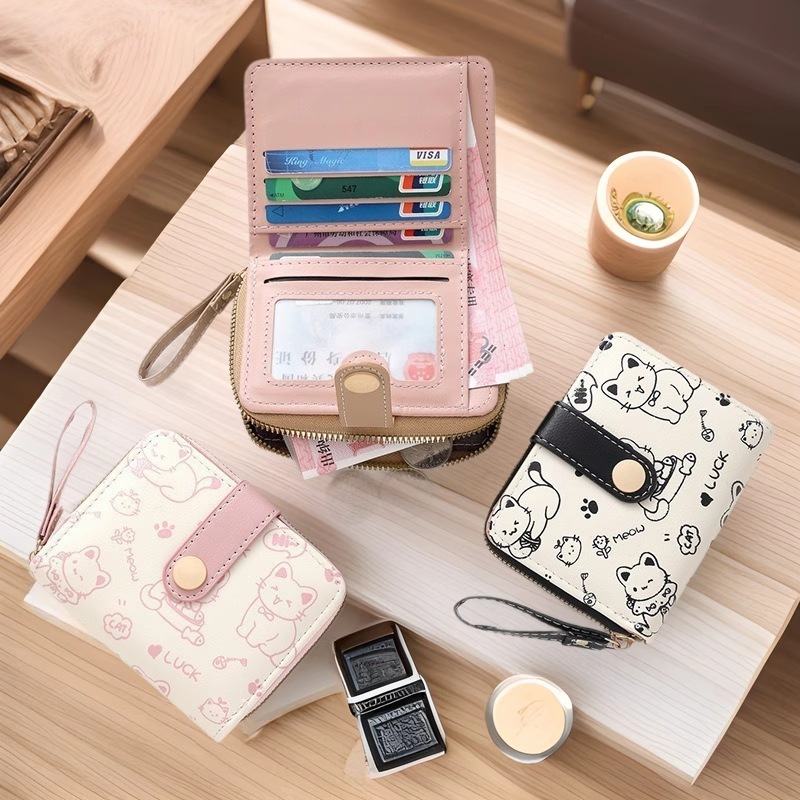 シンプルでかわいい子猫和風レディースバックルコインポジションハンドストラップレディース多機能ショートウォレット財布カードホルダー|undefined