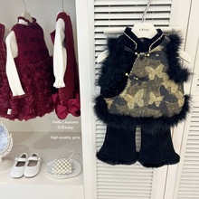 冬季女童套装宝宝洋气儿童个性潮牌中国风盘扣马甲坎肩毛边喇叭裤