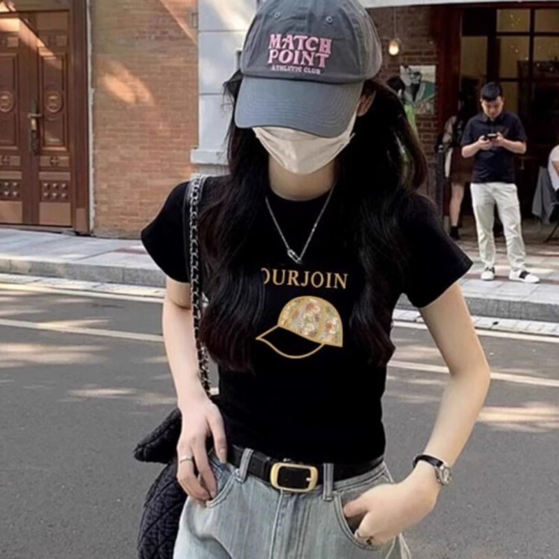 2026 Summer New American Style Black Pure Cotton Regular Shoulder Short Sleeve T-Shirt for Women with Print Slim Fit Cropped Top