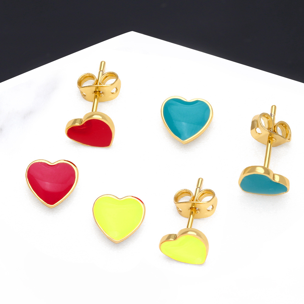 Fashion Heart Shape Copper Ear Studs Enamel Gold Plated Copper Earrings
