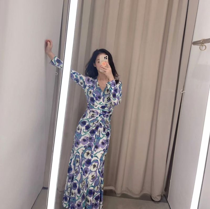 DVF Summer New dress High-end Elegant Elegant Blue Green Purple Abstract Watercolor Floral Pleated V-neck Dress