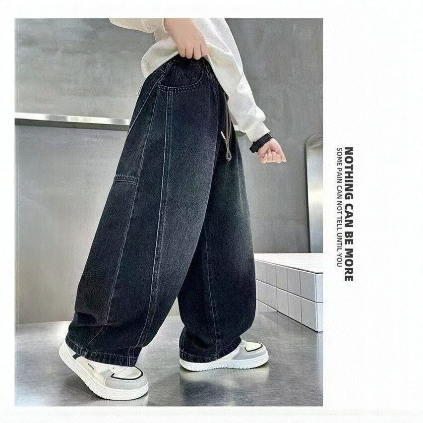 Boys' 2026 Spring/Autumn New Retro Washed Wide-Leg Jeans, Loose-Fit Drapey Workwear Long Pants for Older Children, Trendy