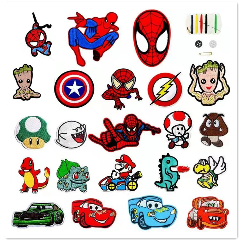  embroidery sticker label for Spider-Man on cloth, Amazon-inspired fusing anime Zhangzi Pikachu Super Mary embroidery label